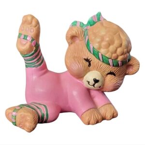 80s Aerobics Workout Bear Charming Pink Bear Figurine with Green Accents
